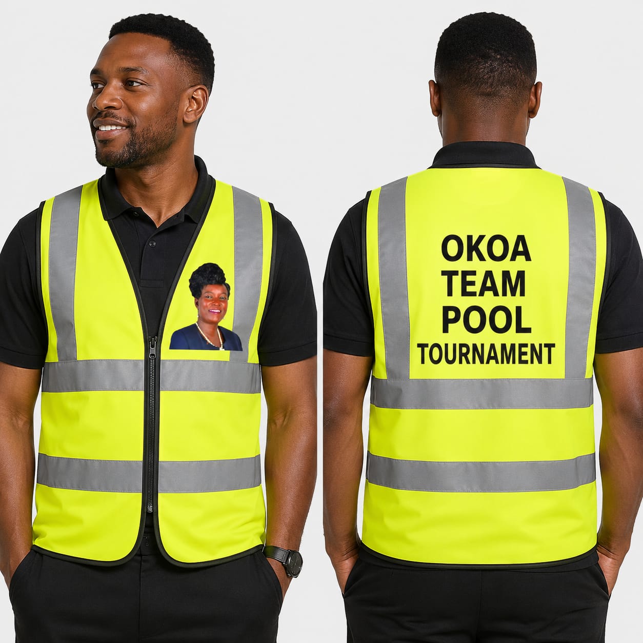 Photo print on safety vest for Okoa Pool Tournament by Jumotas Technologies